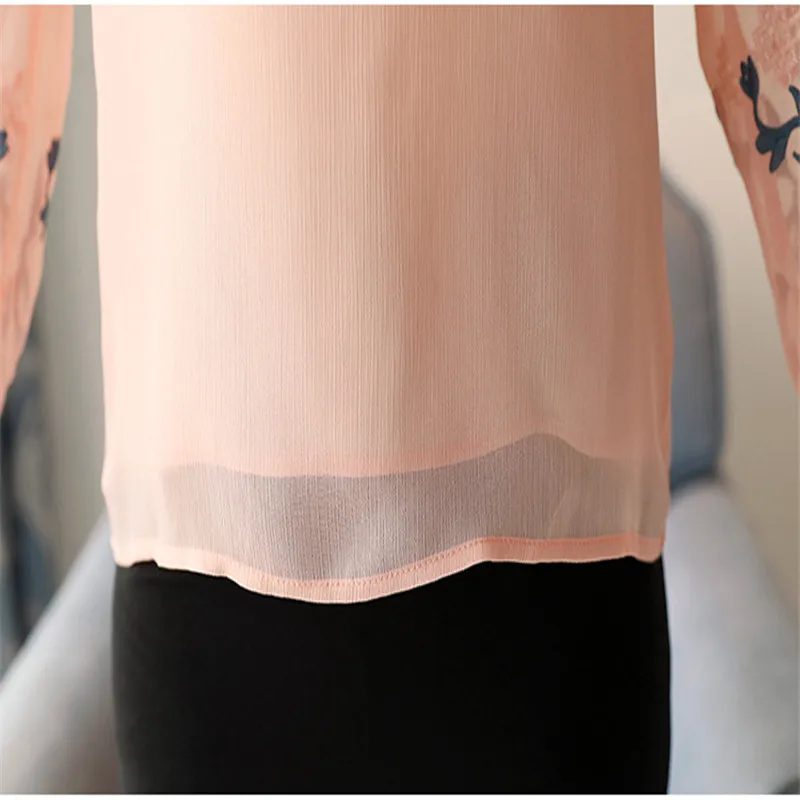 

Fashion Embroidery Women Blouses Tops Spring Long Sleeve Female Shirts Chiffon 2020 New Short Lace-Up Bow Blusa Feminina M357