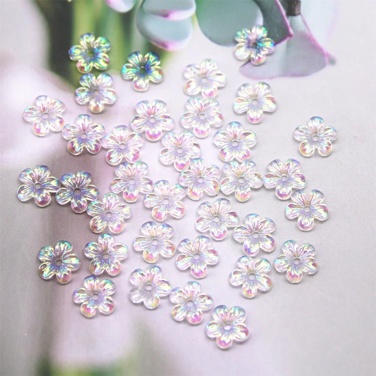 

300pcs Fashion Clear AB Flower Resin Stones Nail Art Aurora Rhinestones Nail Jelly Ornaments For Manicure Tips 7.5x7.5mm