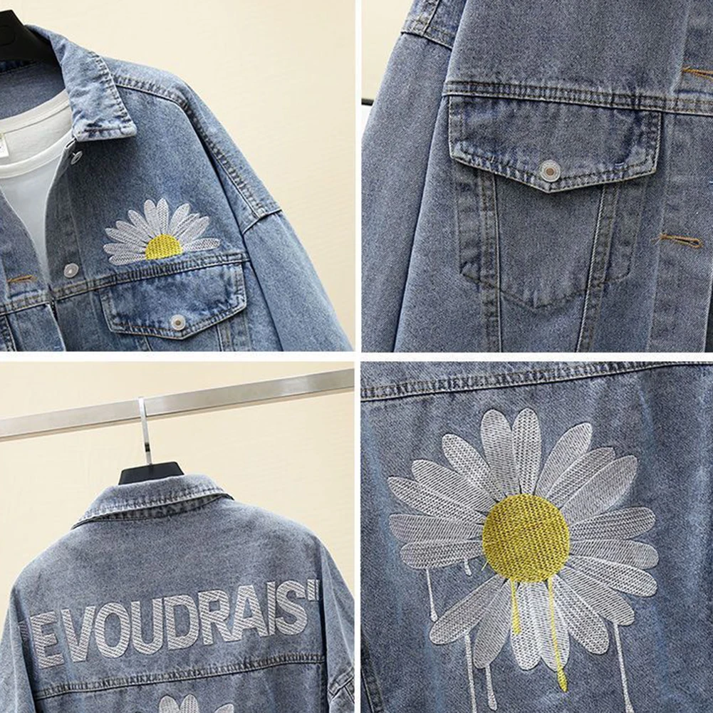 

Fall Long-sleeve Denim Jacket Women Daisy Embroidery Single Breasted Loose Spring Coat Casual Overcoat Clothes 2020