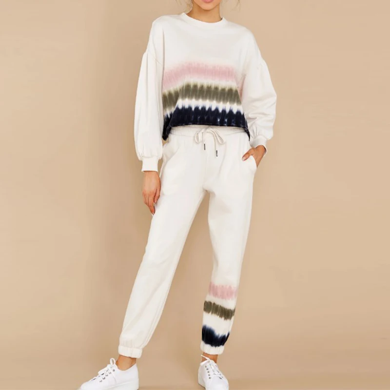

Women Stripe Tie Dye Two Piece Set Long Sleeve O-neck Pullover Top And Drawstring Pants Suit Casual Print Lounge Wear Tracksuit