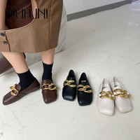 winter british leather shoes short plush metal chain retro loafers square toe slip on simple flats women shoes casual boat shoes
