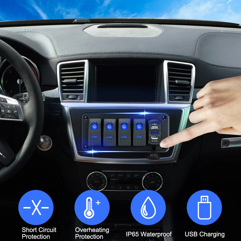 

4 Gang Toggle Rocker Switch Dual USB Port LED Switch Panel +Sticker Digital Voltmeter Waterproof 12V/24V For Car Marine Boat