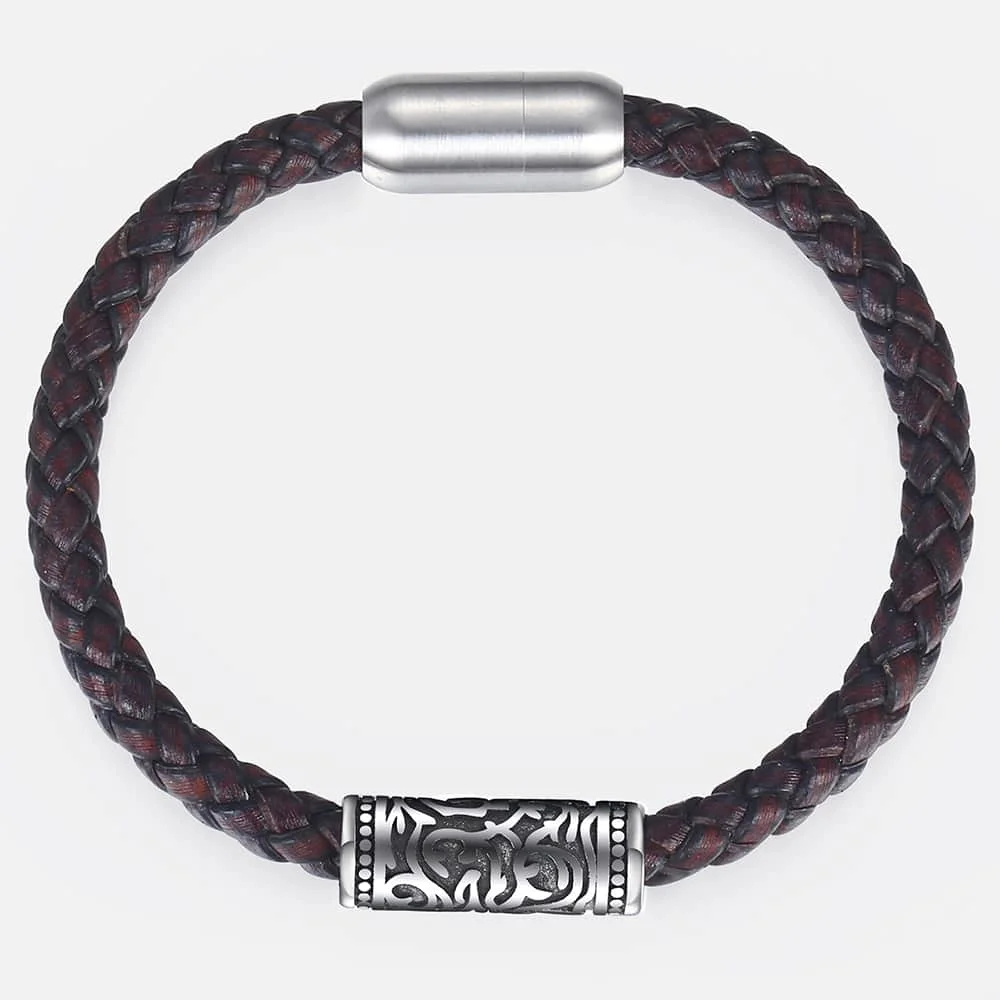 Мужской плетеный кожаный браслет 8 мм матовый Cinnabar Powder из нержавеющей стали с