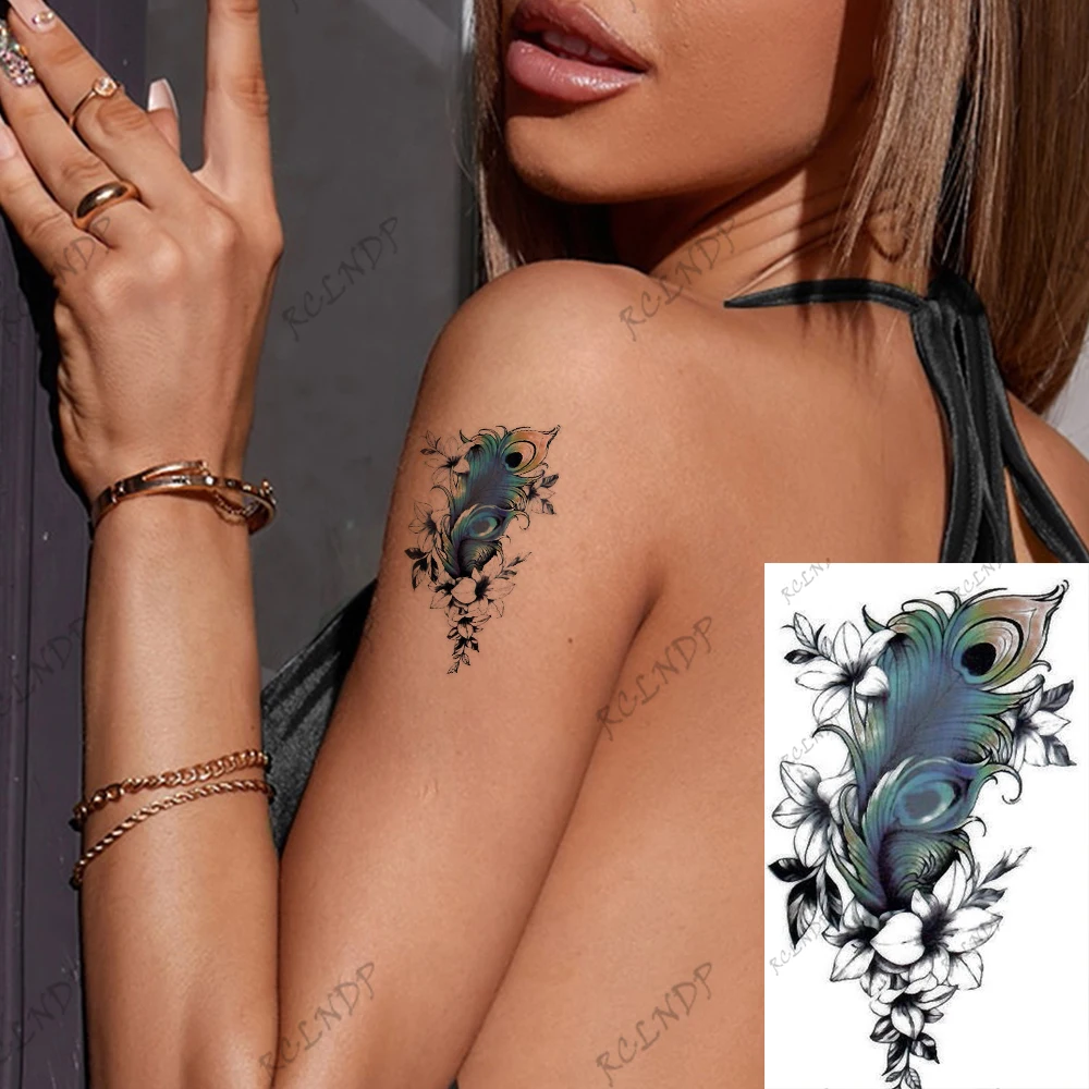 

Waterproof Temporary Tattoo Sticker Flower Blue Feather Arm Hand Leg Body Art Flash Tatoo Fake Tatto for Women Men