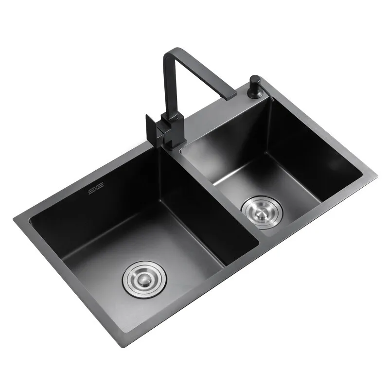 Black Kitchen Sink Doubel bowel Above Counter or Udermount Stainless Steel Seamless Vegetable Washing Basin Sink