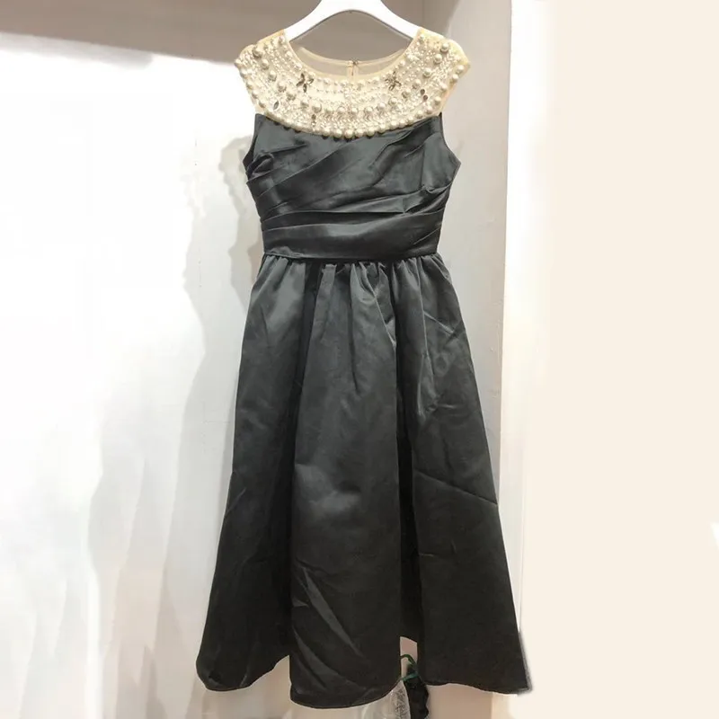 

GALCAUR Ball Gown Dress For Women O Neck Sleeveless Off Shouder Patchwork Pearl Designer High Waist Dresses Female 2020 Clothing