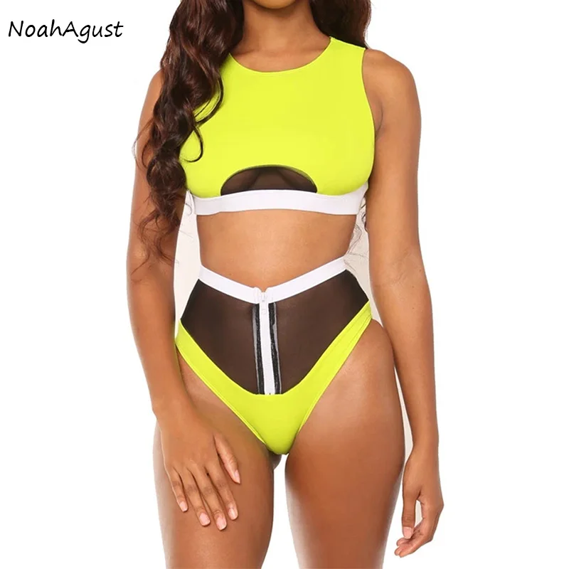 Сетчатый купальник на молнии с пуш ап бикини высокой талией для женщин