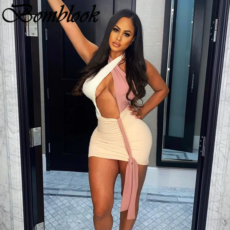 

Bomblook Sexy Party Club Bodycon Dresses For Women's 2021 Summer Clothing Halter Patchwork Backless Mixi Dress Female Streetwear