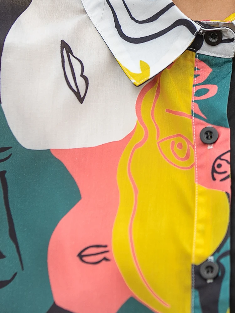 

Vefadisa Fashion Character Printed Women Dress 2021 Summer Patchwork Long Dress Women's Lapel Shirt Dress Loose Black QYF5548