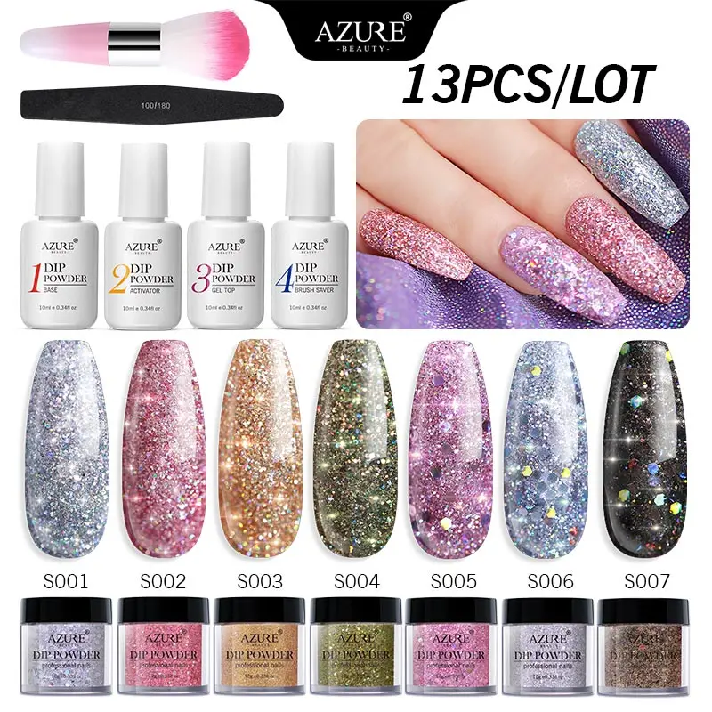 Лазурная красота 13 шт/партия Блестящий погружающийся порошок маникюрные наборы