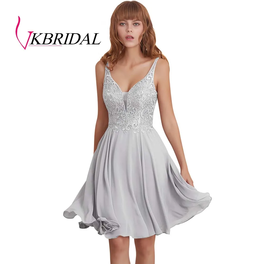Серебристый VKBRIDAL сексуальные короткие платья для выпускного вечера с открытой спиной шифоновые аппликационные кружева с бисером милые платья для выпускного вечера - Цвет: Серебристый