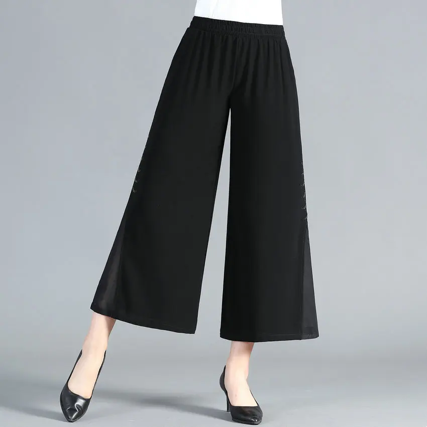 

Summer Black Wide Leg Cropped Chiffon Pant Women Thin Fabric Glitter Side Design Elastic Waist Loose Trouser Middle Aged Lady