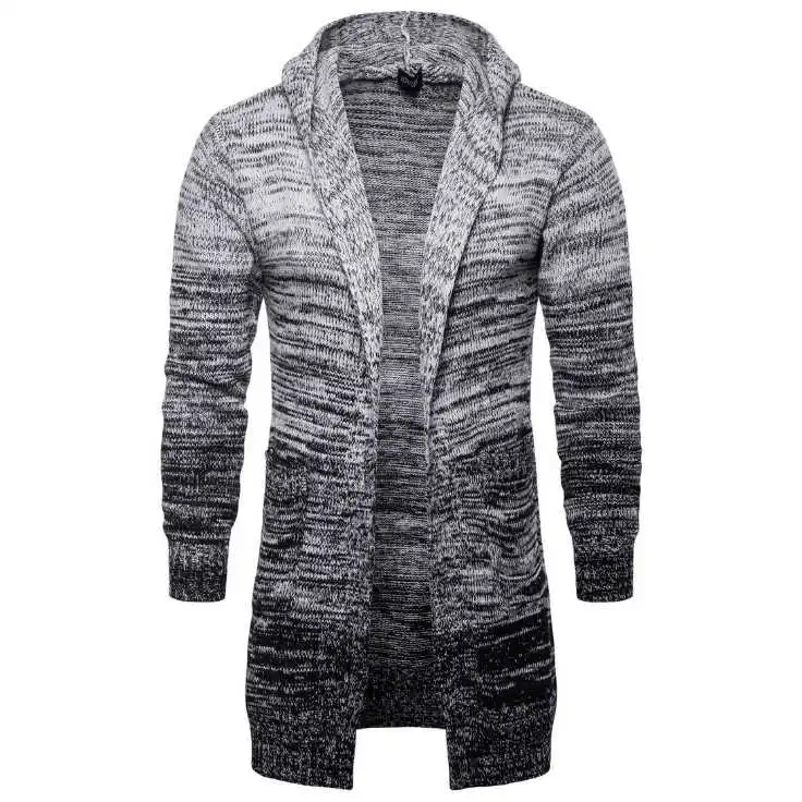 

Europe and America Cardigan Sweatercoat Men Autumn Long Hooded Knitted Sweater New Design Gradient Gray Street Knitwear Male