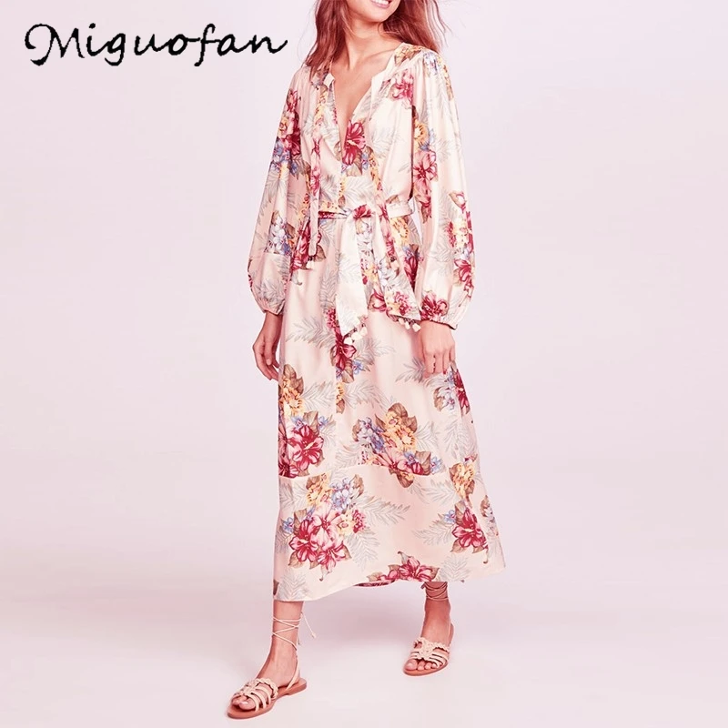 Miguofan Бохо цветочный принт Бандажное платье макси бант сексуальный veck пояс