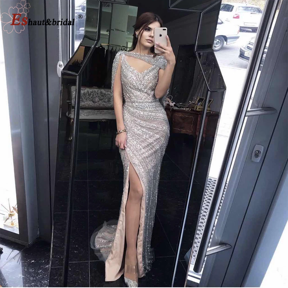 

Luxury V Neck Evening Dress for Women 2022 Diamond Beading Handmade Sleeveless Mermaid Side Slit Long Formal Prom Party Gowns