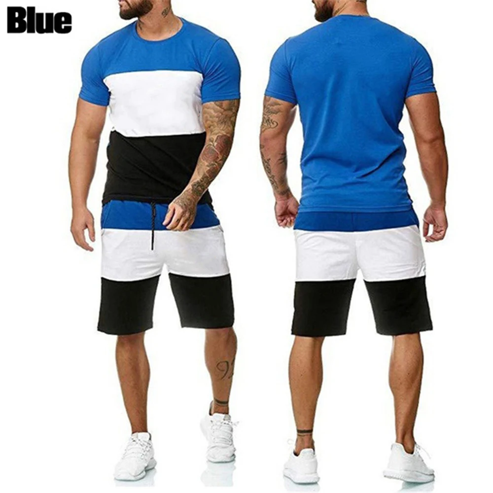 

2021 Summer New Brand Fashion Men's Two-Piece Short Sleeve Shorts Sportswear Men's Patchwork Top Outdoor Sports Pants Track Suit