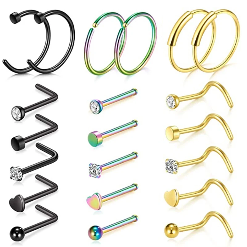 

5Pcs/21Pcs Stainless Steel Straight L Bend Twist Nose Ring Set Fashion Body Piercing Women Jewelry Accessories Decorations
