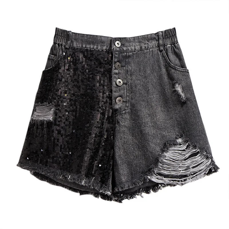 

2021 summer plus size 3XL 4XL 5XL 6XL denim shorts for women large loose casual pocket hole cotton wide leg shorts black