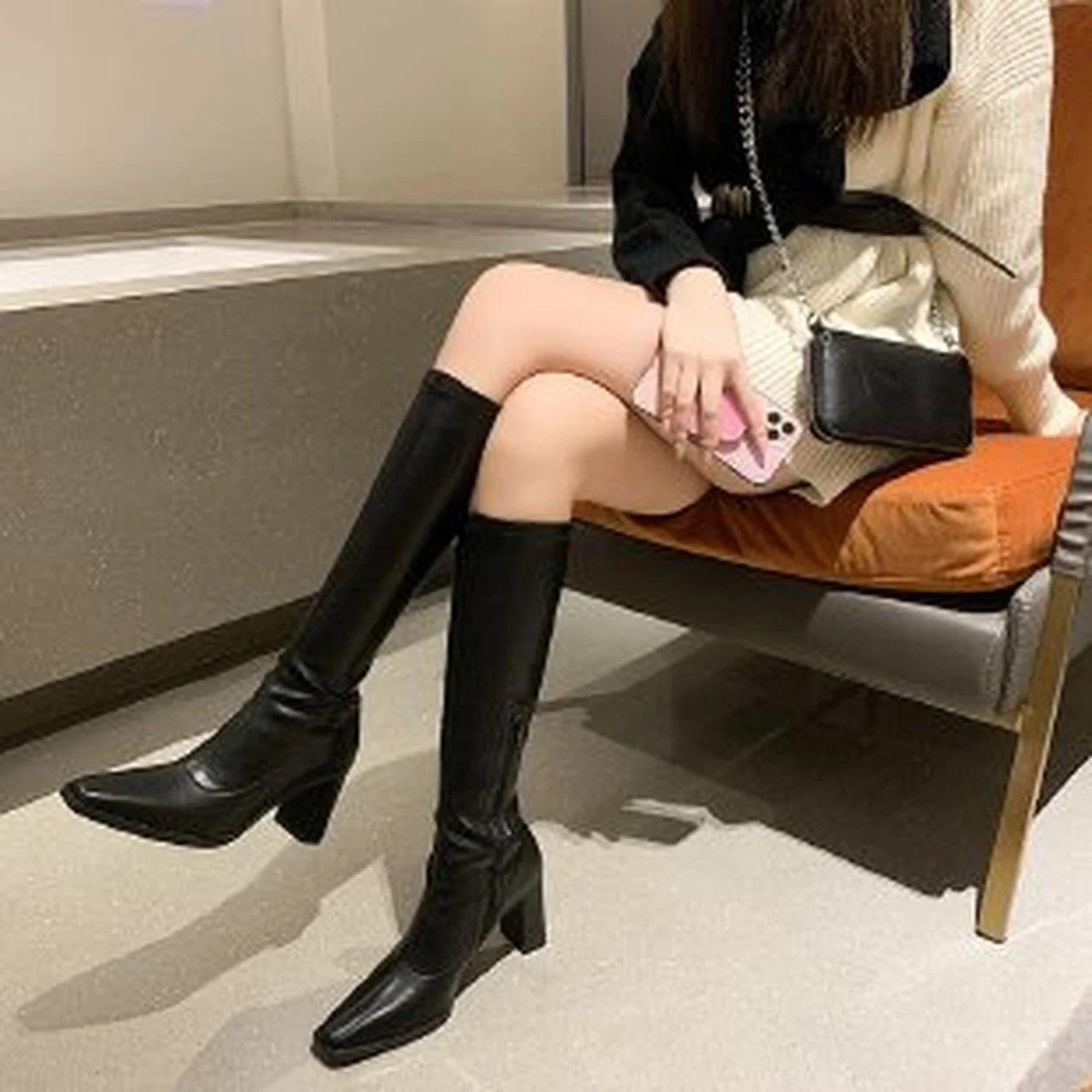 

2021 Faux Leather Women Knee High Boots Fashion Pointed Toe Square High Heel Ladies Calf Boots Side Zipper Autumn Winter Shoes