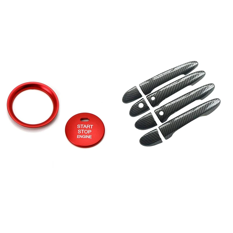 

2 Pcs Keyless Engine Push Start Button & 8 Pcs Carbon Fiber Style Door Handle Cover Trim