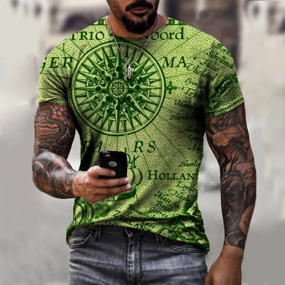 

Fashion navigation compass printing summer men's 3D printing T-shirt O-neck short-sleeved men's 3D clothes street loose casual