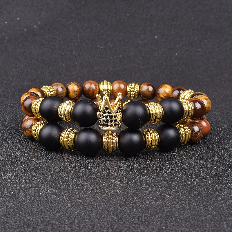 

Luxury Black Zircon Crown Ball Bracelets Homme Classic Tiger Eye Stone Beaded Macrame Bracelets for Men Women Jewelry pulseira