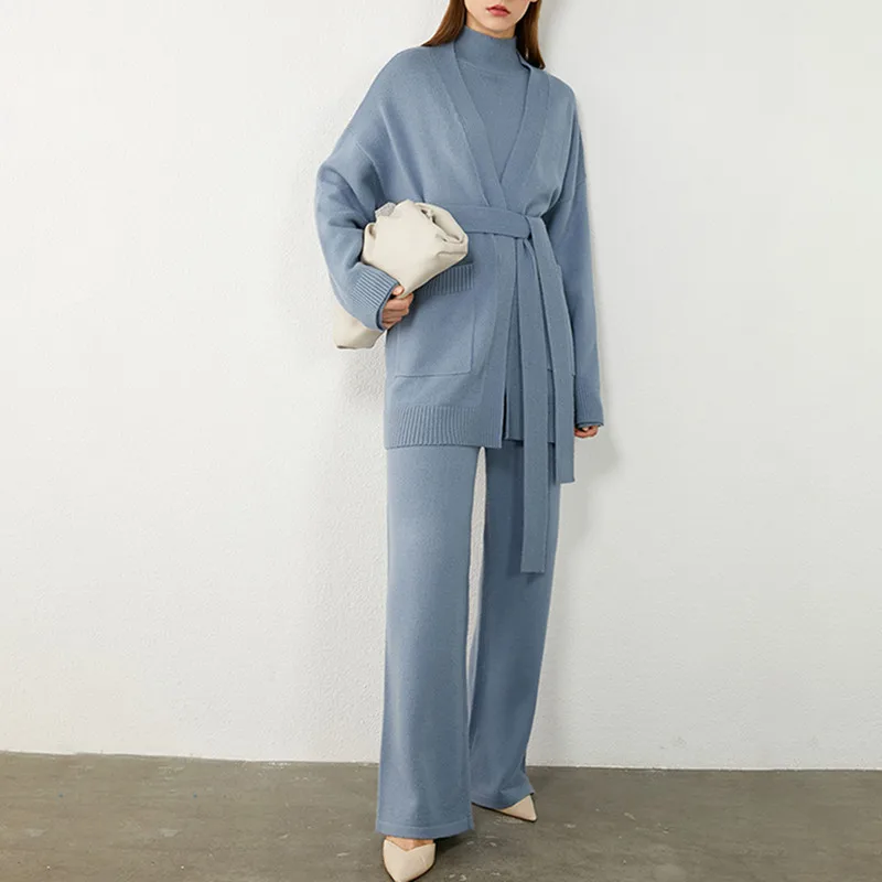 

Fall Winter Women Leisure Sets Knitted 3 Piece set Solid Sashes Bow Pocket Cardigan jacket + Turtleneck Sweater + Wide leg Pant