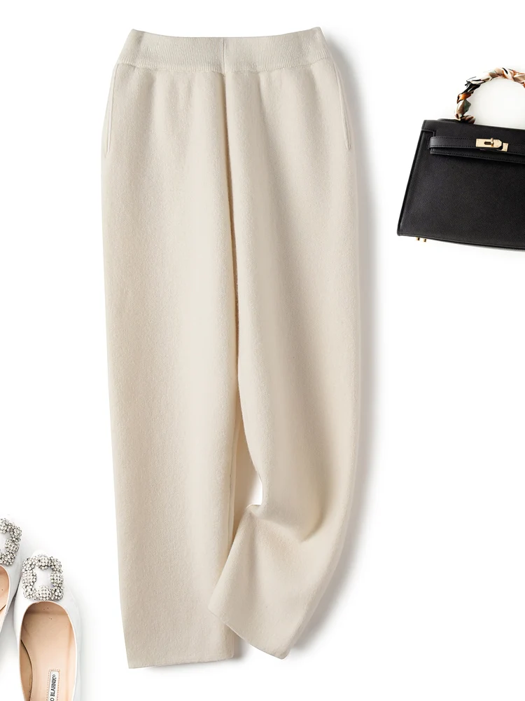 2021 New Fashion Winter Women Loose Trousers With Pocket 100% Pure Wool Thicker Knitwear Pants