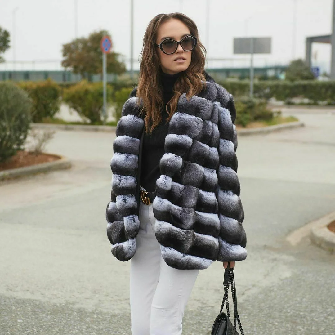 Medium Length Natural Rex Rabbit Fur Jacket for Women Winter Outwear Fashion Whole Skin Genuine Rex Rabbit Fur Coat Lapel Collar