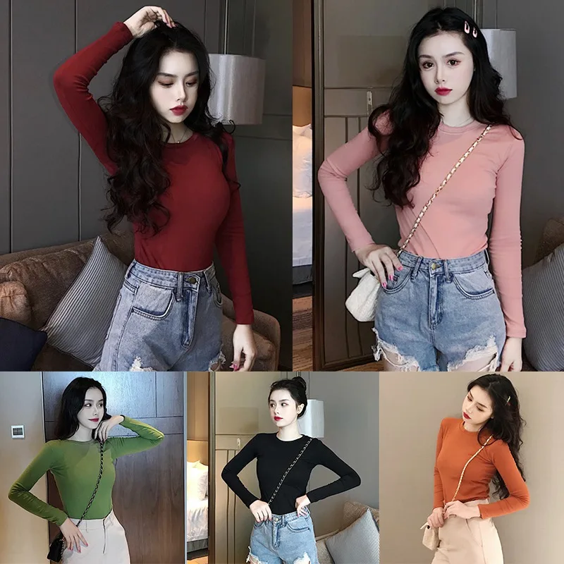 

Fashion Round Neck Bottom T-Shirts Slimming Long-sleeved Women T-shirt Female Tops