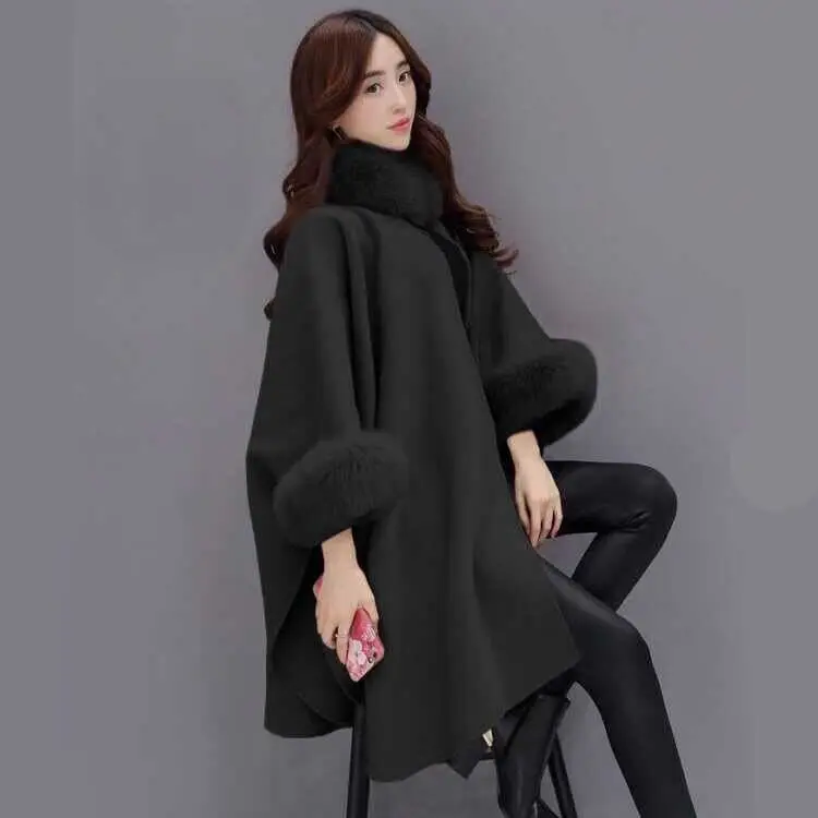 

Winter clothes new medium and long woolen coat simulation fox fur collar temperament Cape shawl coat