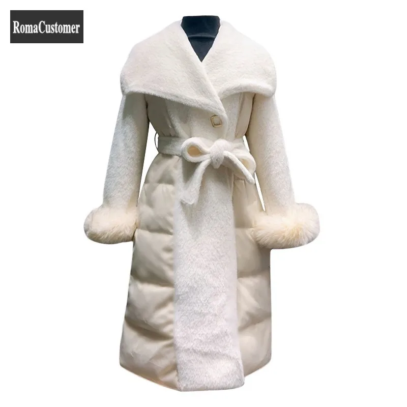 

Winter Womens New White Duck Down Jacket Fox Fur Slim Lace Up Long Thicken Sashes Female Turn-Down Collar Spliced Elegant Coat