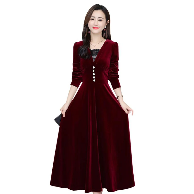 

Осеннее женское золотое вельветовое платье высокого качества, модное элегантное кружевное вечернее платье с длинным рукавом и v-образным в...