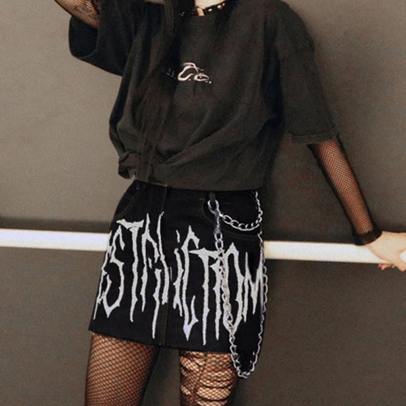 Женская готическая джинсовая юбка Goth Dark черная облегающая мини-юбка с принтом в