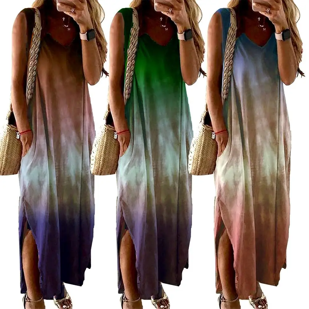 

Sexy Women Maxi Dress Boho V Neck Sleeveless Gradient Color Pockets Slitting Hem Long Women Dresses Plus Size 3XL Party vestidos