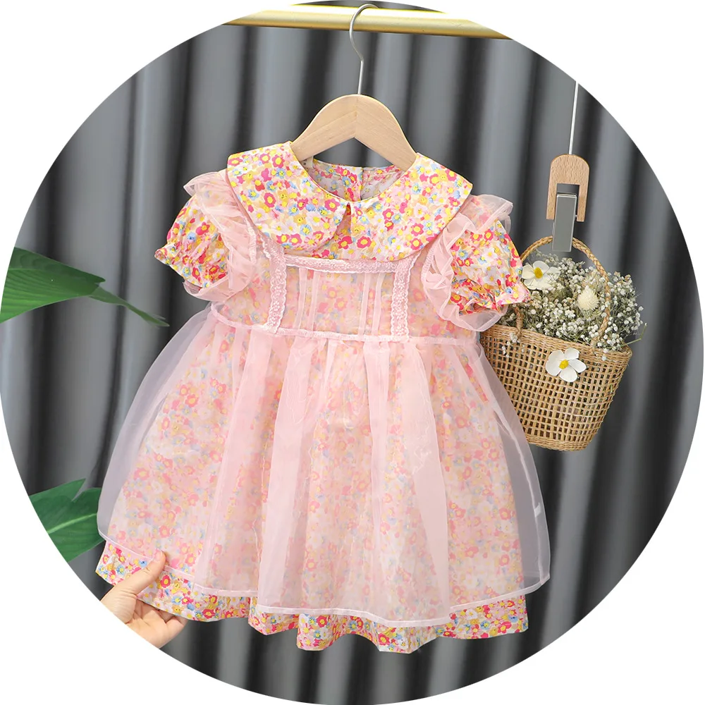 

Pretty Princess Summer Short Sleeve Peter Pan Collar Knee-length Dresses Cotton Mesh Bow Party Kids Baby Girls Clothes 6M-5Y