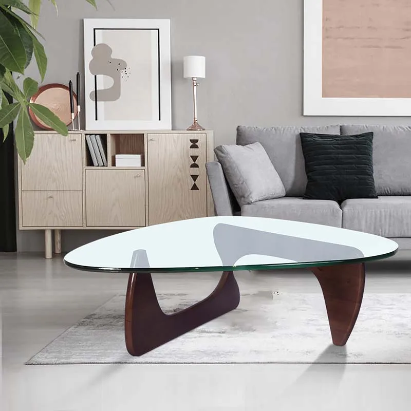 

Triangle Glass Coffee Table Modern Center Tea Coffee Tables with Solid Wood Base and 12mm/19mm Thick Clear Glass for Living Room