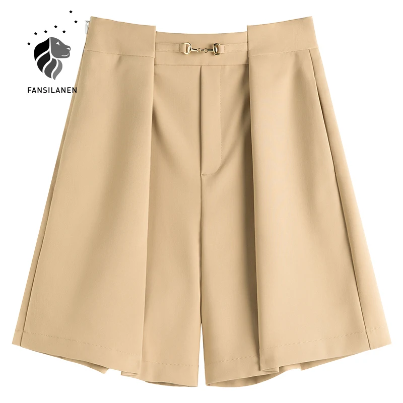 

FANSILANEN Office Lady Irregular Loose Straight Shorts Women 2021 Summer New Small Gold Buckle Pleated High Waist Casual Pants