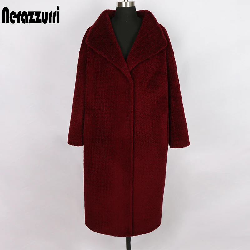 Nerazzurri natural real fur coat women oversized loose red wine womens shearling coat cocoon genuine shearing jacket fashion