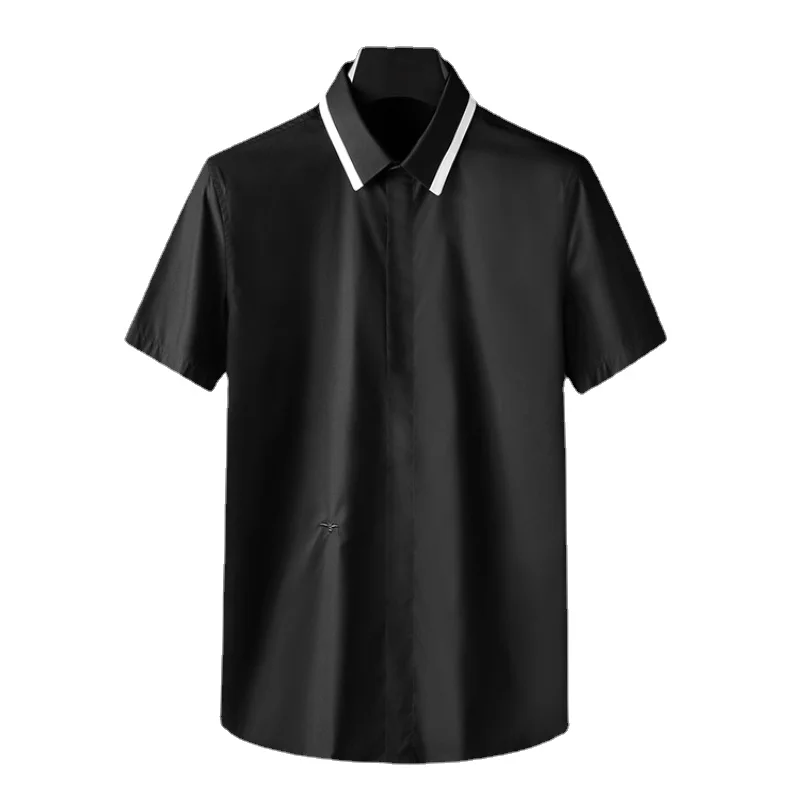 

Catwalk new collar black and white patchwork embroidery men's short-sleeved shirt button down shirts for men dress 2021