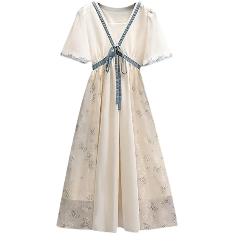 

Large Size Ladies Summer Dress Women Short Sleeve V-Neck Vintage Long Chiffon Dresses Plus Size L-4XL
