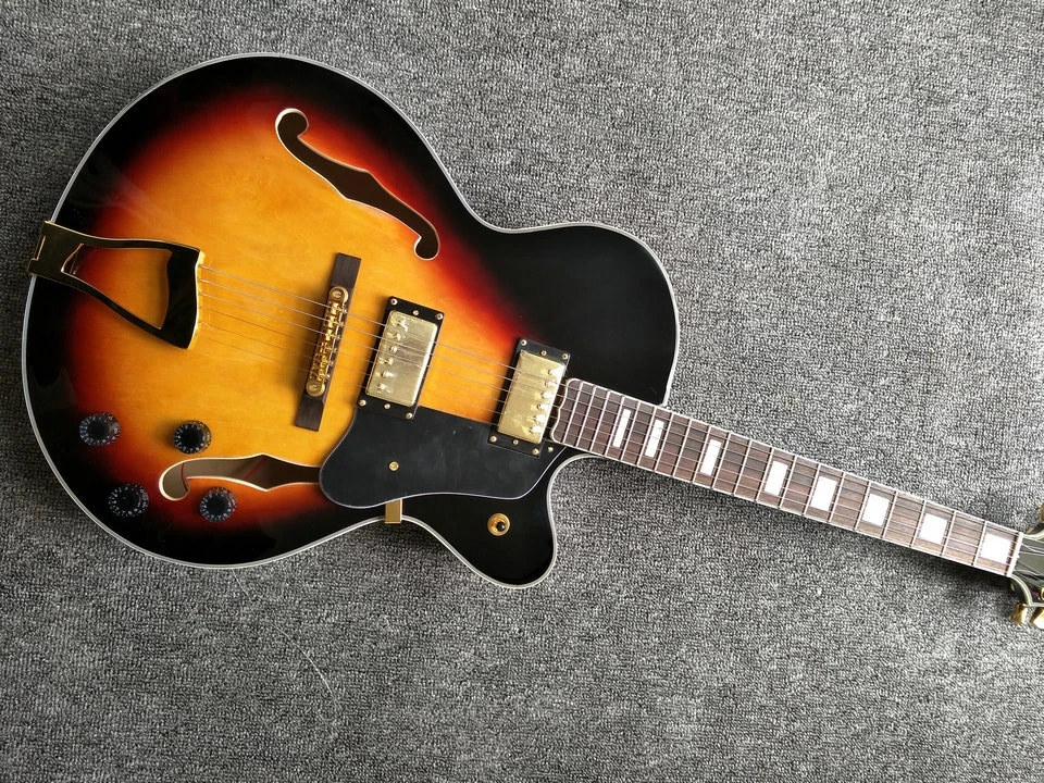 Новый стиль китайская электрическая гитара Jazz на заказ F полый корпус Sunburst Цвет