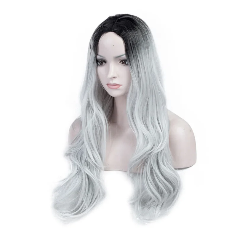 

24" Long Wave Gray Wigs for Women Natural Hairline Middle Part Synthetic Wigs for Women Halloween Cosplay Party Costume