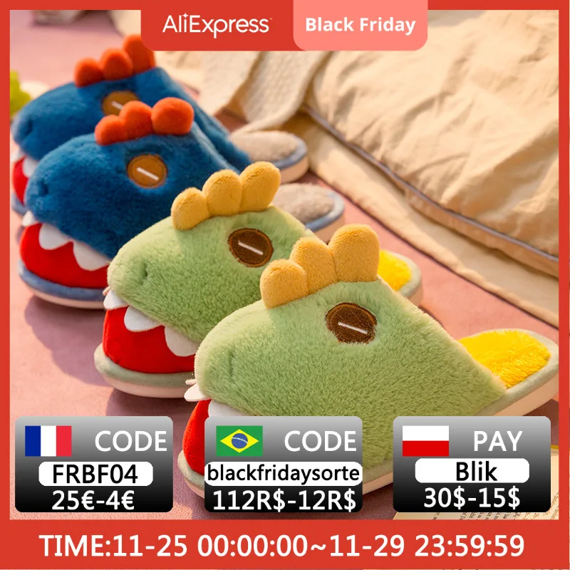 

2021 New Dinosaur Cotton Slippers Funny Slippers Girls Winter Indoor Home Cute Couples Warm Woolen Cotton Slippers Boys