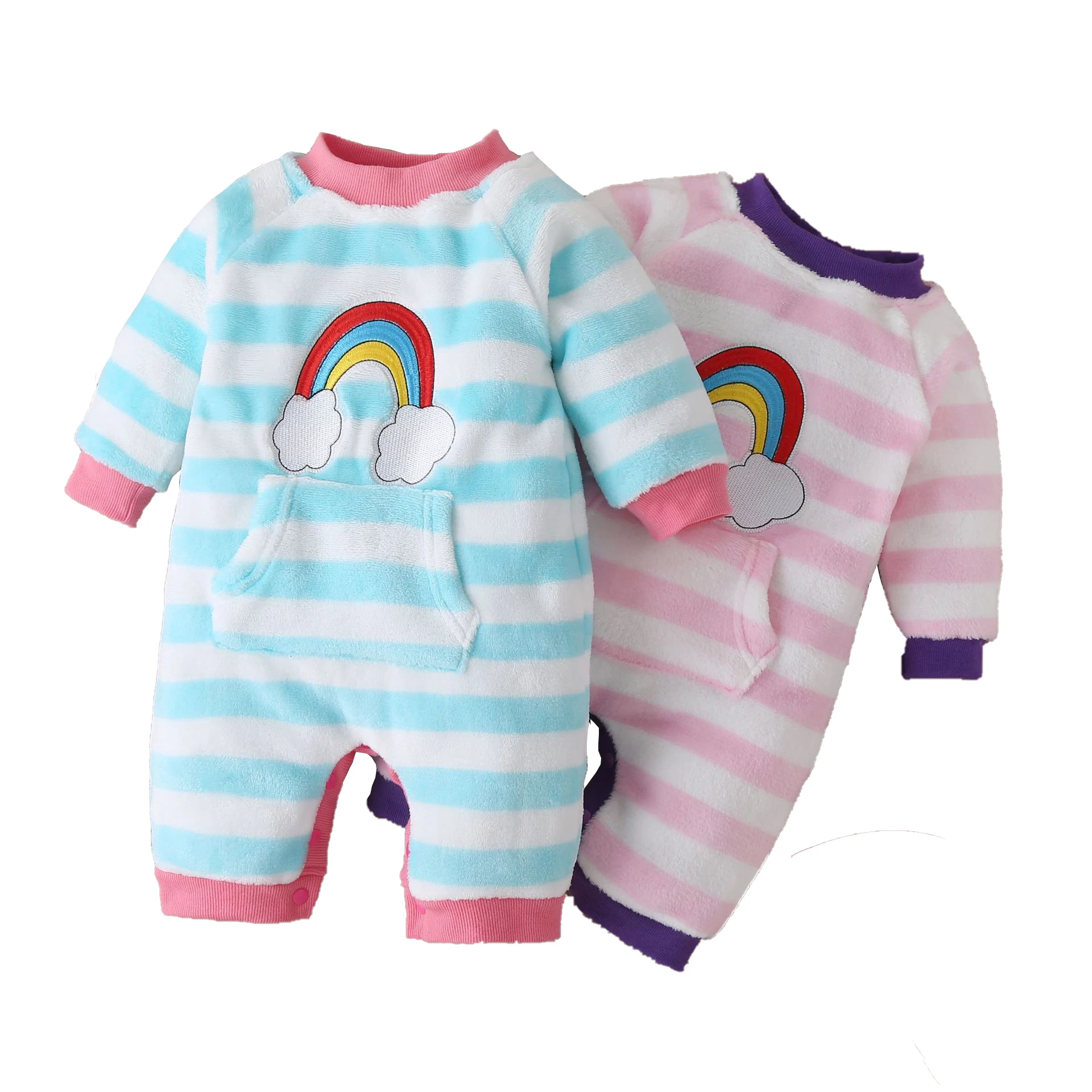 

2020 Fall Spring Newborn Baby Girls Boys Clothing Color Striped Rainbow Pattern Long Sleeve Romper Toddler Plush Jumpsuits 0-18M