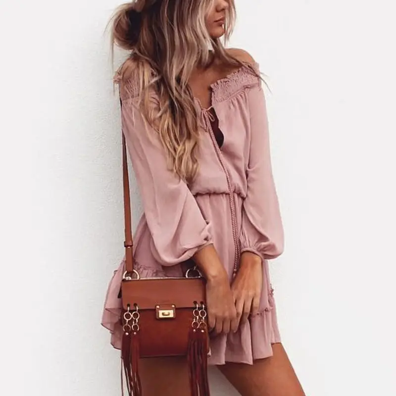 

Boho Chiffon Bar Neck Beach Women Summer Mini Dress New Lantern Long Sleeve, Ruffles Shoulder Sexy Party Dress Vintage -Q49