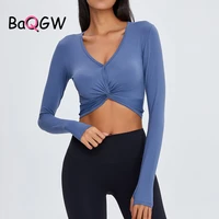 baqgw women yoga tshirt solid color v neck long sleeve split stretchy breathable workout quick dry gym fitness sport activewear