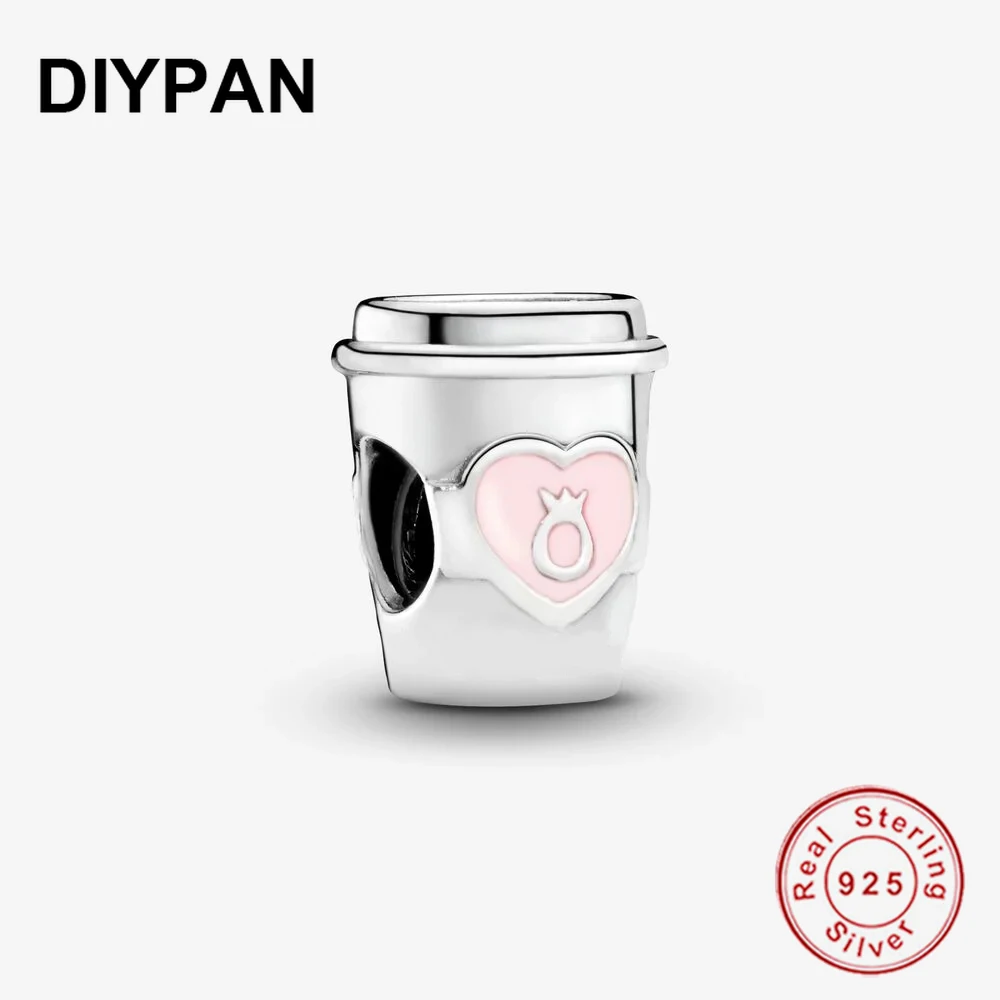 

925 серебро розовое сердце чашка кофе очарование, соответственные Пандоре обаятельные оригинальный браслет кулон Шарм браслет для женщин, с...