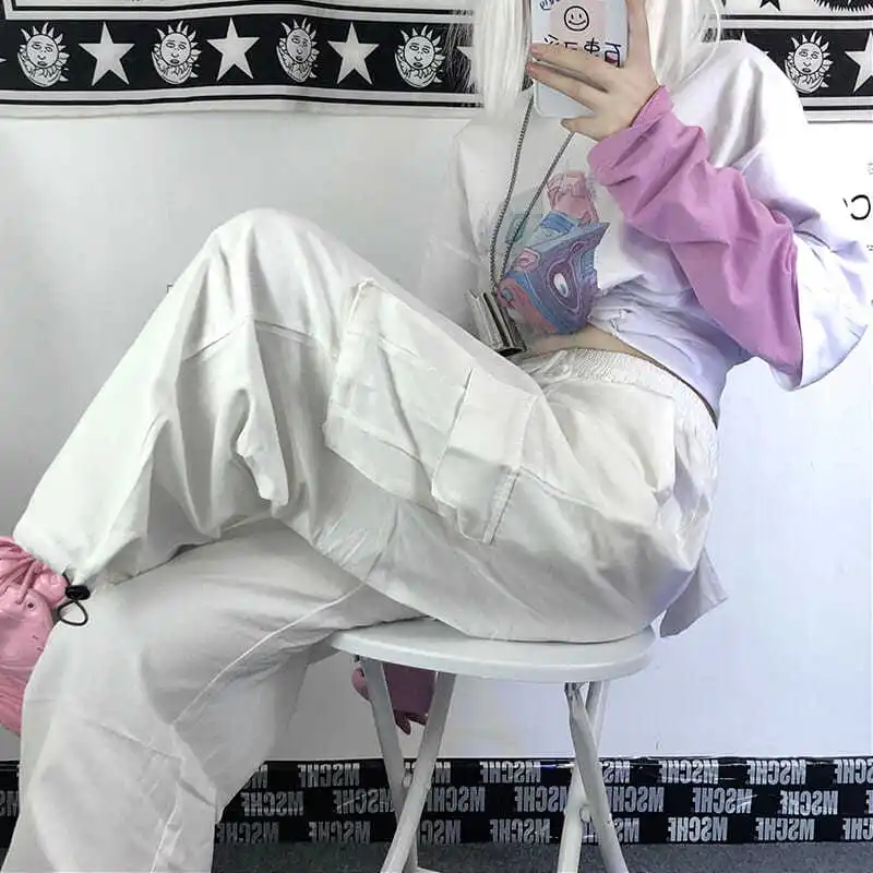 

HOUZHOU Gothic Harajuku White Cargo Pants Women Streetwear High Waist Oversized Trousers Korean Style Pockets Wide Leg Pants