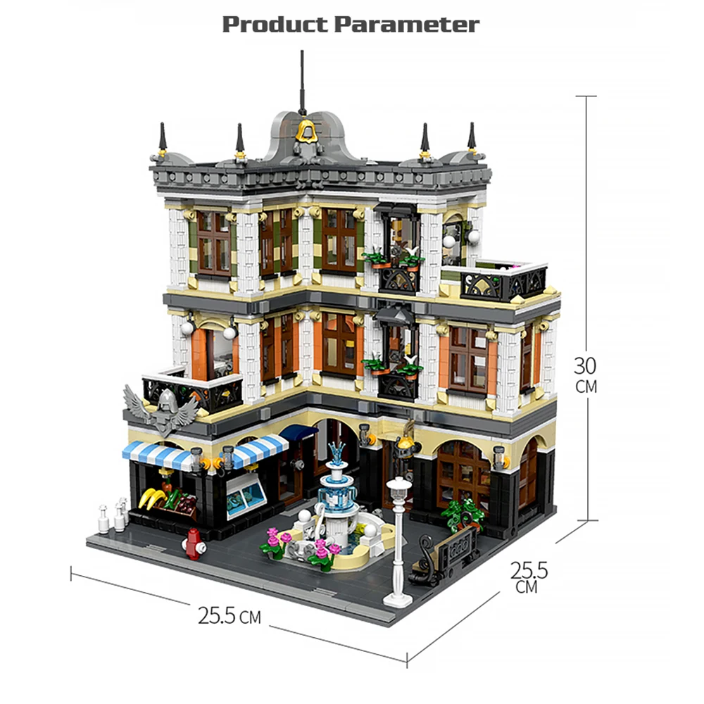 

Creator Expert Street View Fountain Mall 3420Pcs Moc Modular Building Blocks Bricks Model Toys Gifts Queen Bar Post Office